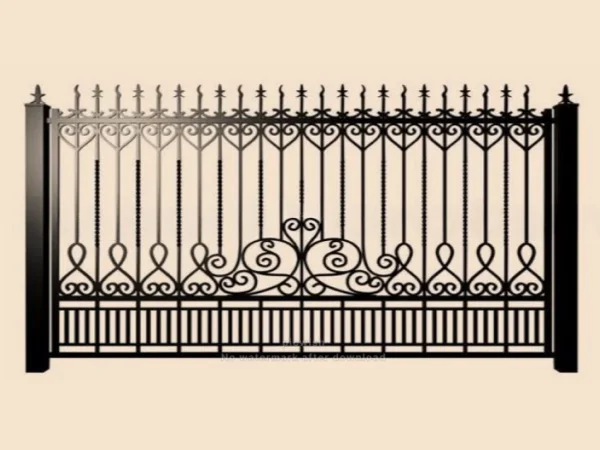 Кованые ворота с декоративными элементами на светлом фоне.
