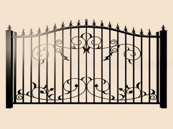 Кованые ворота с узором на бежевом фоне.