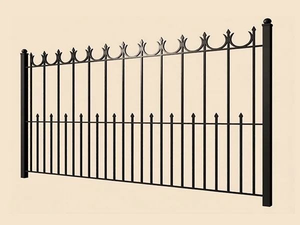 Чёрный железный забор с декоративными элементами.