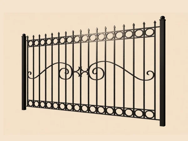 Декоративное кованое железное ограждение на светлом фоне.